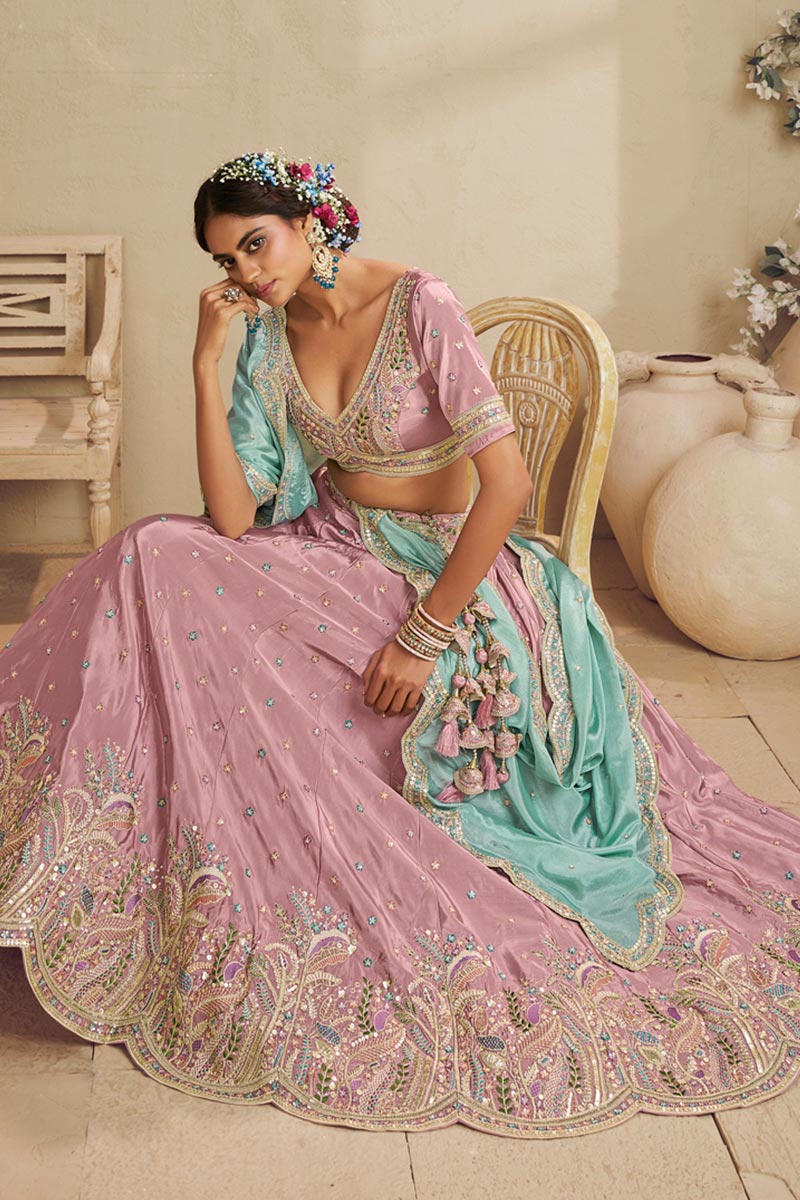 Vibrant Pink Lehenga Choli with Turquoise Dupatta – Festive Wear for Weddings & Parties RTI