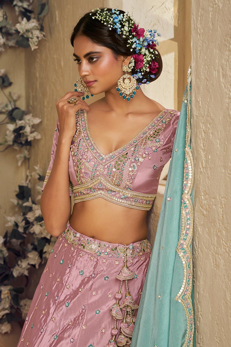 Vibrant Pink Lehenga Choli with Turquoise Dupatta – Festive Wear for Weddings & Parties RTI