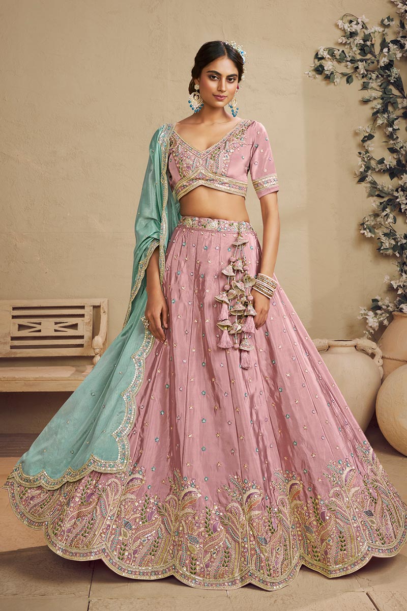 Vibrant Pink Lehenga Choli with Turquoise Dupatta – Festive Wear for Weddings & Parties RTI