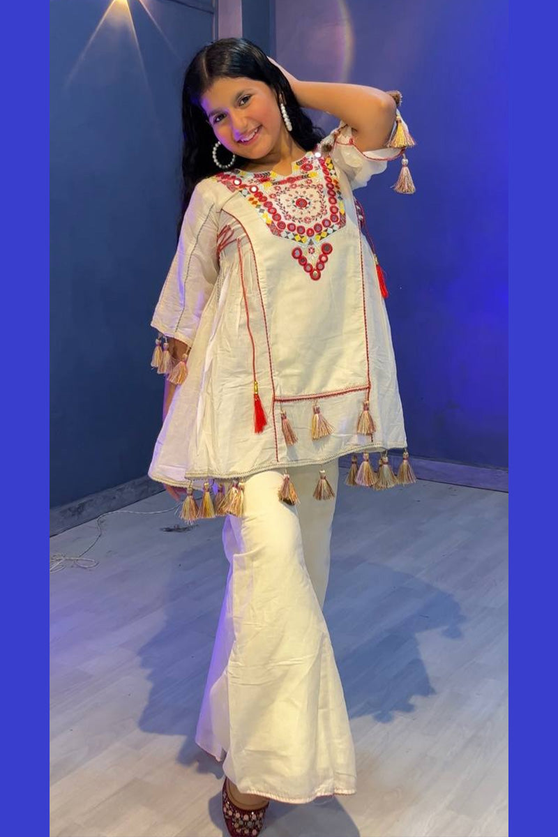 Girls Cream Mirror Work Kurta with Palazzo – Traditional Indian Ethnic Set RTI