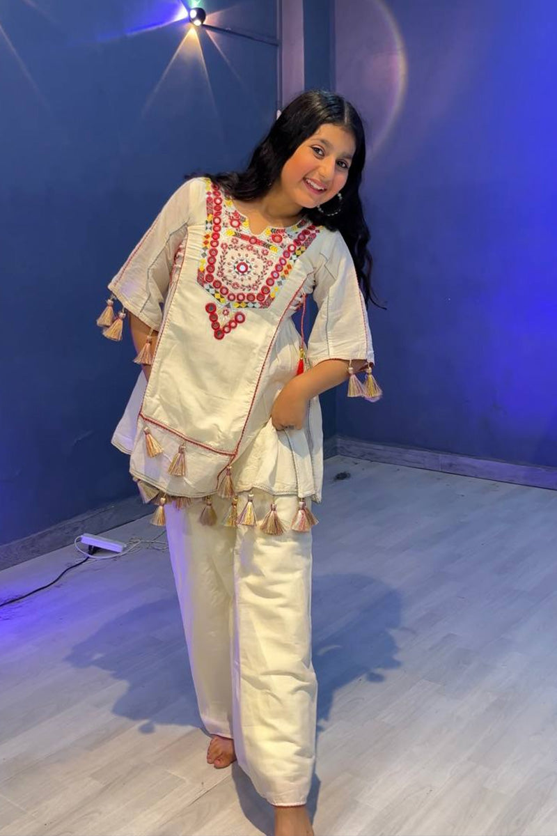 Girls Cream Mirror Work Kurta with Palazzo – Traditional Indian Ethnic Set RTI