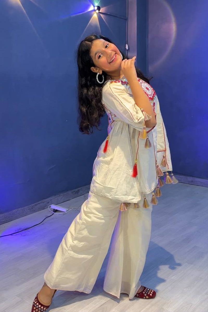 Girls Cream Mirror Work Kurta with Palazzo – Traditional Indian Ethnic Set RTI