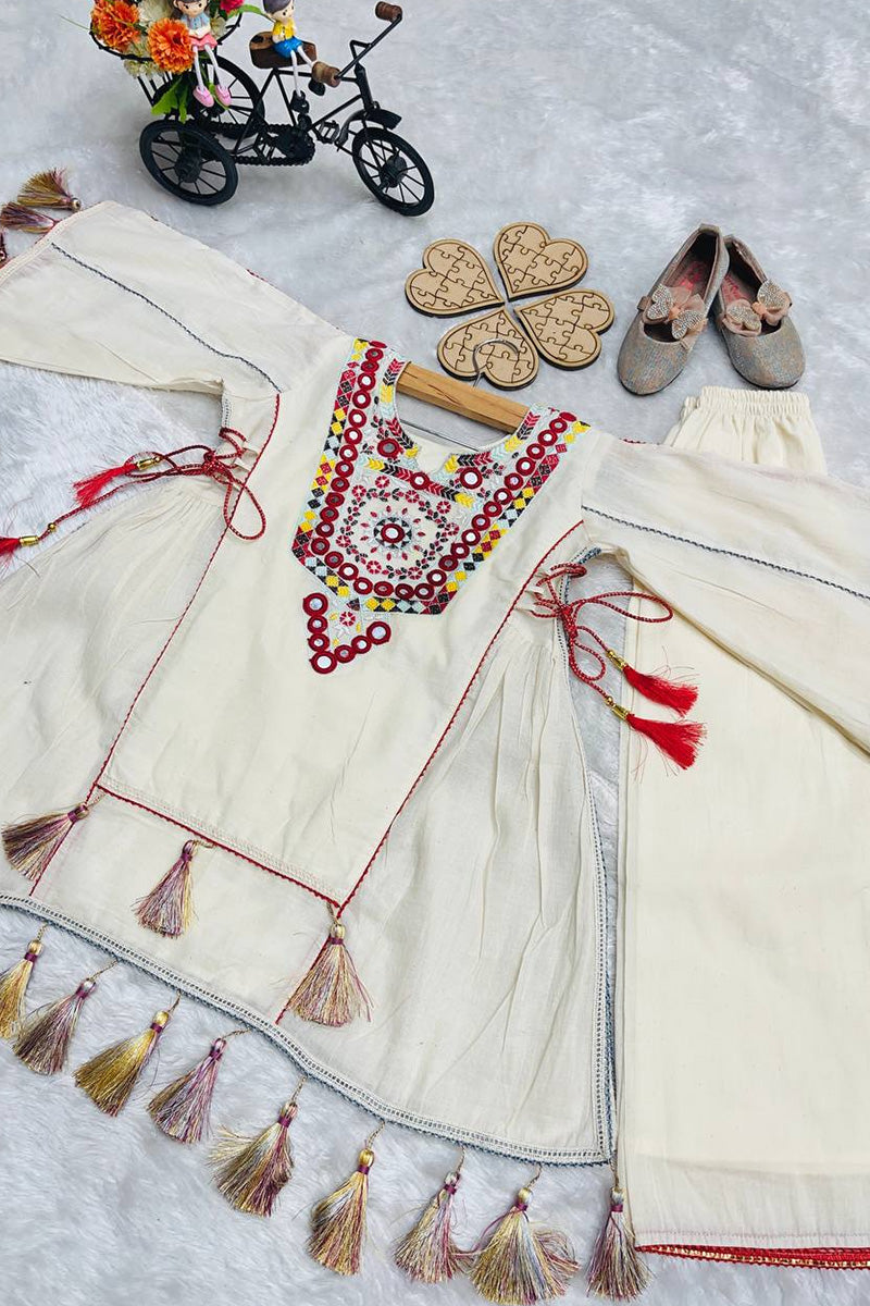 Girls Cream Mirror Work Kurta with Palazzo – Traditional Indian Ethnic Set RTI
