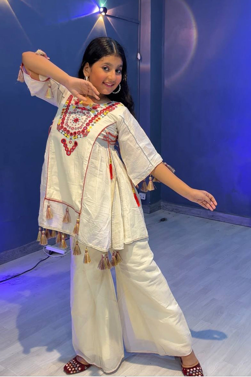 Girls Cream Mirror Work Kurta with Palazzo – Traditional Indian Ethnic Set RTI