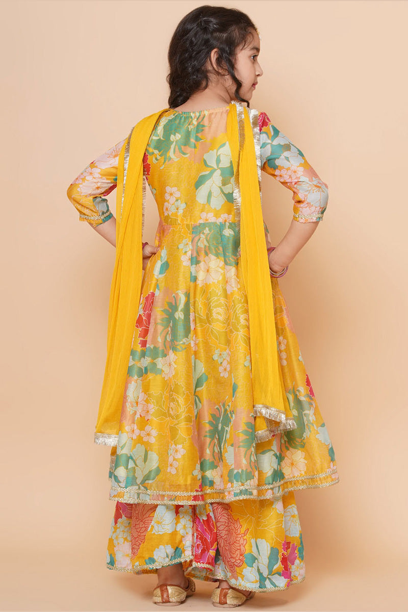 Yellow Floral Anarkali Kurta Set for Girls – Indian Ethnic Outfit with Dupatta RTI