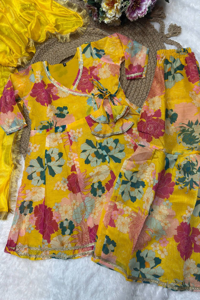 Yellow Floral Anarkali Kurta Set for Girls – Indian Ethnic Outfit with Dupatta RTI