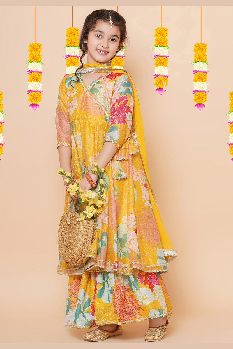 Yellow Floral Anarkali Kurta Set for Girls – Indian Ethnic Outfit with Dupatta RTI