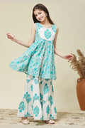 Girls Sleeveless Kurta Sharara Set – Blue Floral Printed Indian Ethnic Outfit RTI