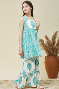 Girls Sleeveless Kurta Sharara Set – Blue Floral Printed Indian Ethnic Outfit RTI