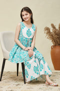 Girls Sleeveless Kurta Sharara Set – Blue Floral Printed Indian Ethnic Outfit RTI
