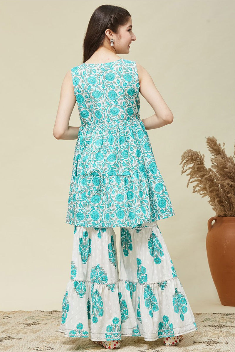 Girls Sleeveless Kurta Sharara Set – Blue Floral Printed Indian Ethnic Outfit RTI