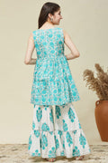 Girls Sleeveless Kurta Sharara Set – Blue Floral Printed Indian Ethnic Outfit RTI