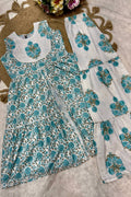 Girls Sleeveless Kurta Sharara Set – Blue Floral Printed Indian Ethnic Outfit RTI