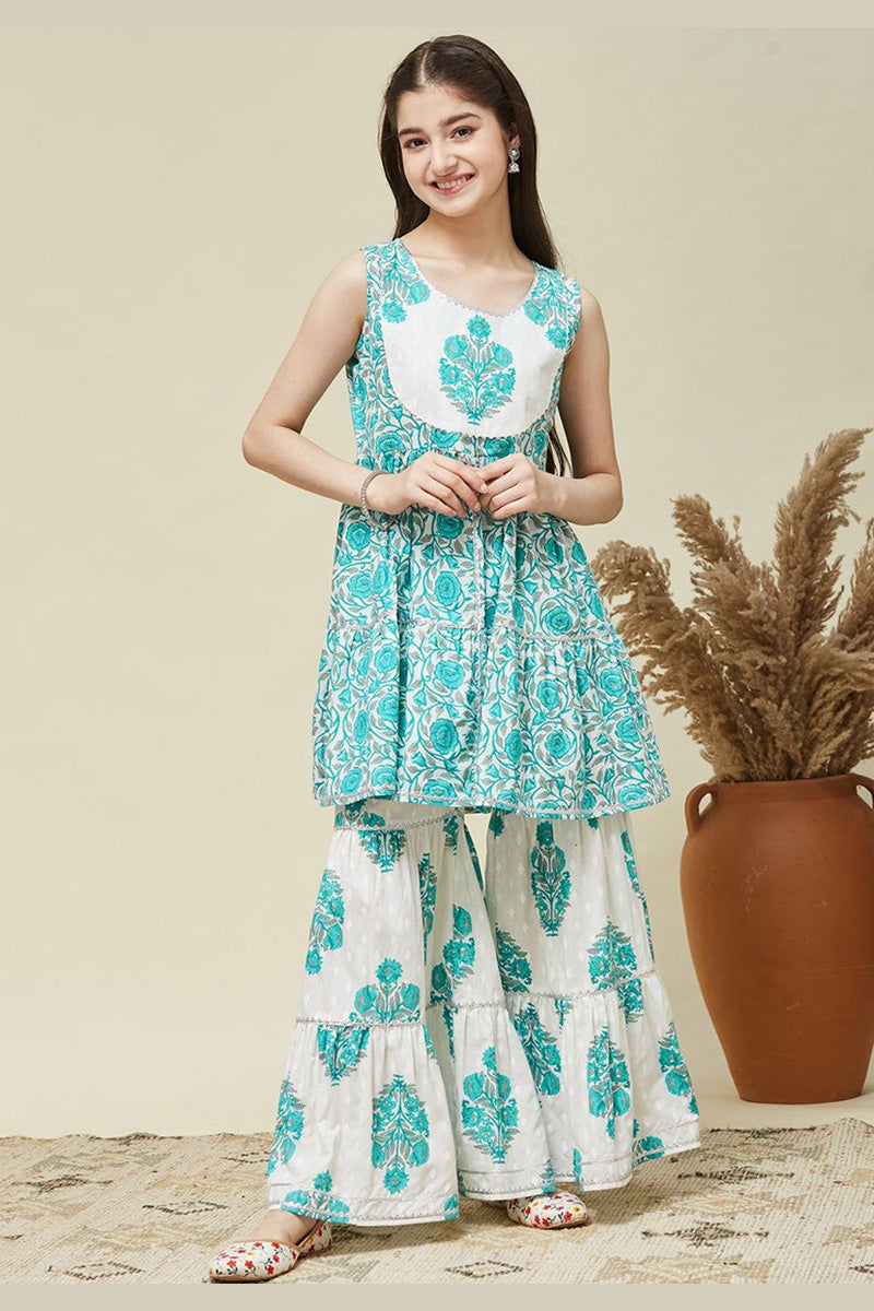 Girls Sleeveless Kurta Sharara Set – Blue Floral Printed Indian Ethnic Outfit RTI