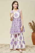 Girls Ethnic Summer Set – Purple Floral Sleeveless Kurta & Sharara Pants RTI