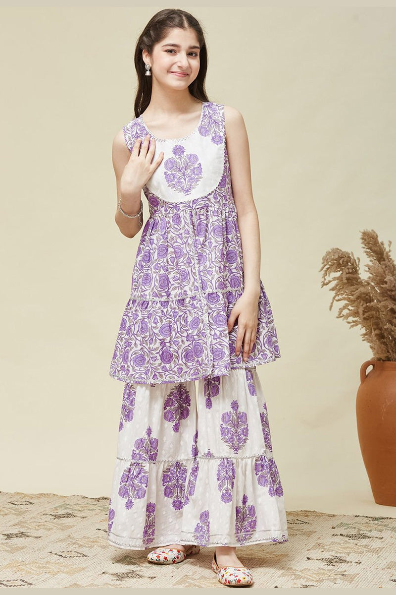 Girls Ethnic Summer Set – Purple Floral Sleeveless Kurta & Sharara Pants RTI