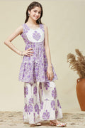 Girls Ethnic Summer Set – Purple Floral Sleeveless Kurta & Sharara Pants RTI
