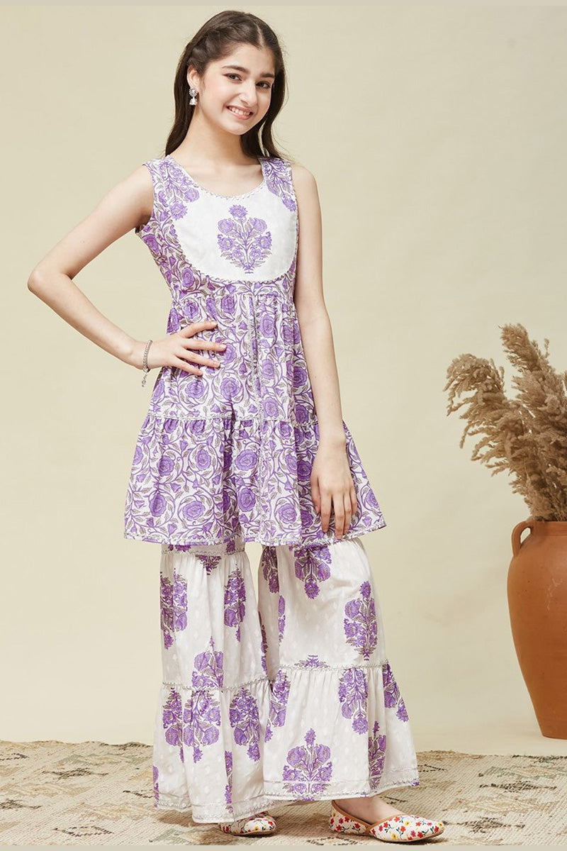 Girls Ethnic Summer Set – Purple Floral Sleeveless Kurta & Sharara Pants RTI