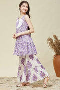 Girls Ethnic Summer Set – Purple Floral Sleeveless Kurta & Sharara Pants RTI