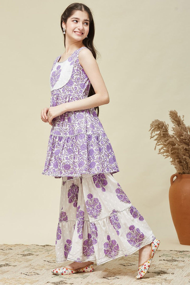 Girls Ethnic Summer Set – Purple Floral Sleeveless Kurta & Sharara Pants RTI