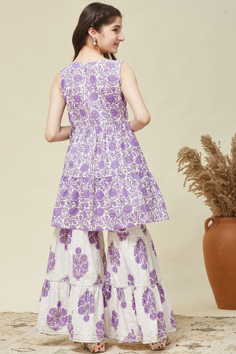 Girls Ethnic Summer Set – Purple Floral Sleeveless Kurta & Sharara Pants RTI