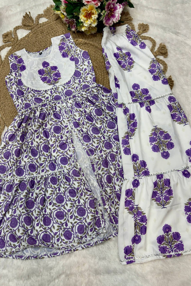 Girls Ethnic Summer Set – Purple Floral Sleeveless Kurta & Sharara Pants RTI