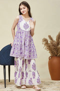 Girls Ethnic Summer Set – Purple Floral Sleeveless Kurta & Sharara Pants RTI