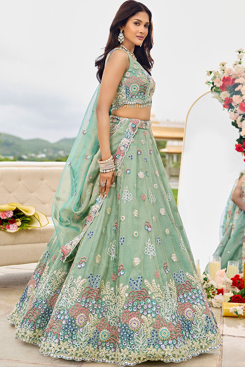 Pastel Green Floral Embroidered Lehenga Set with Dupatta RTI