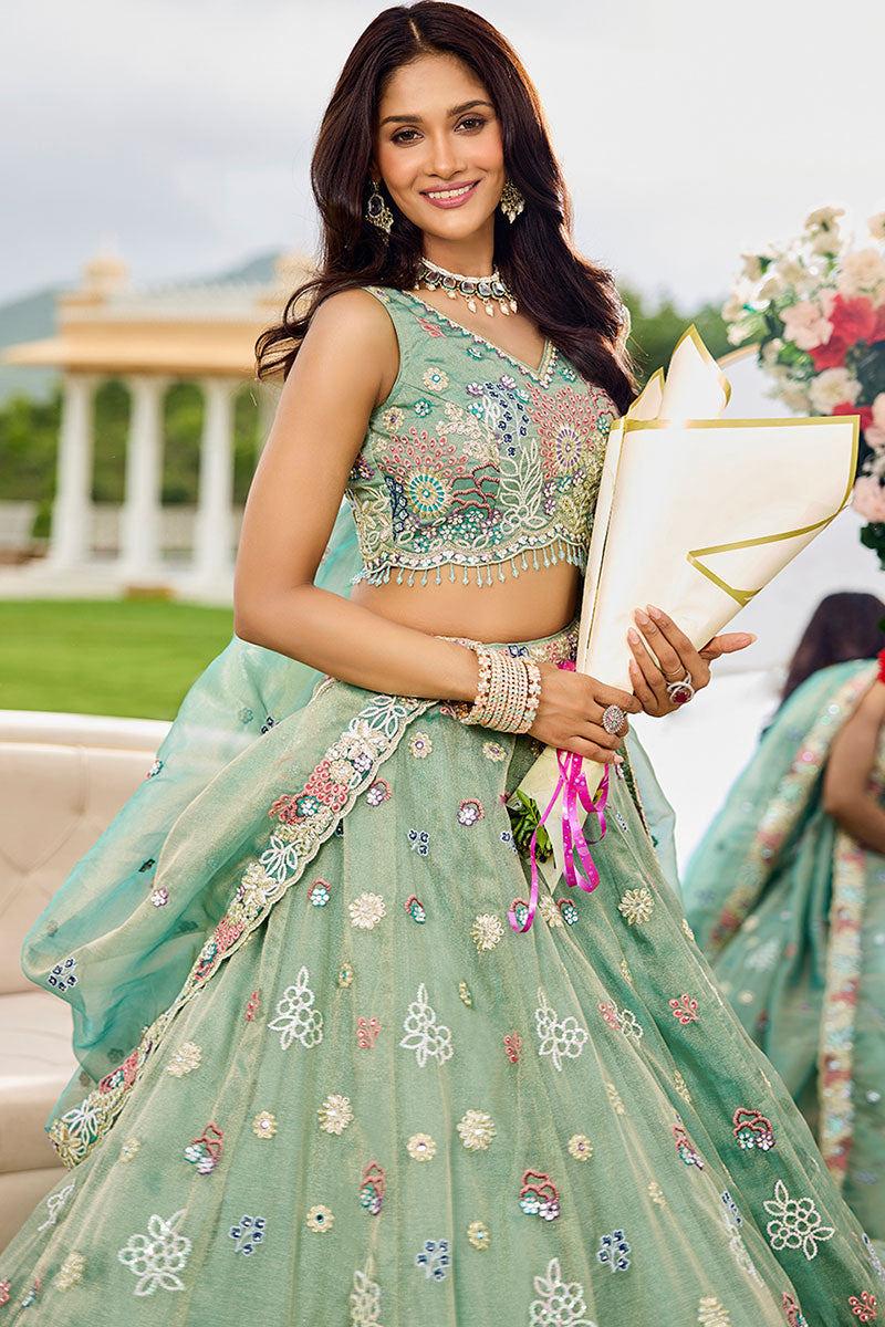 Pastel Green Floral Embroidered Lehenga Set with Dupatta RTI