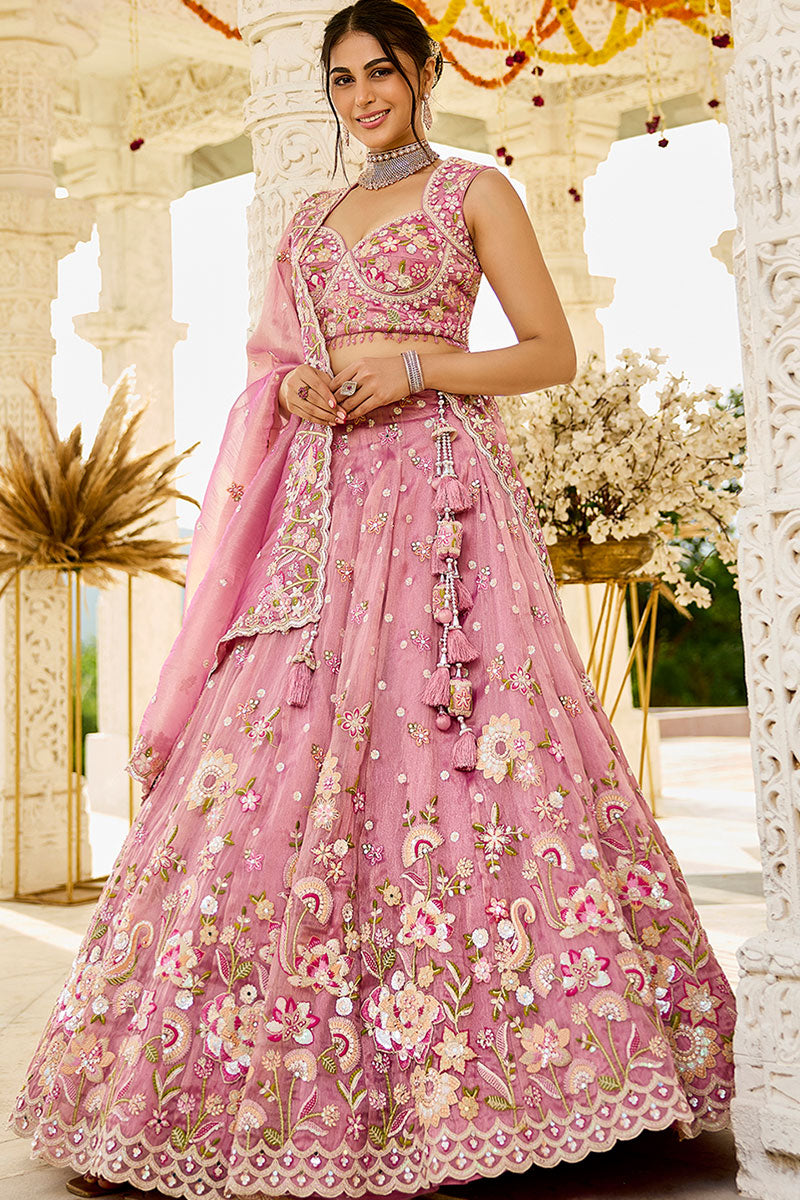 Elegant Pink Floral  Organza Embroidered Lehenga Choli Set RTI