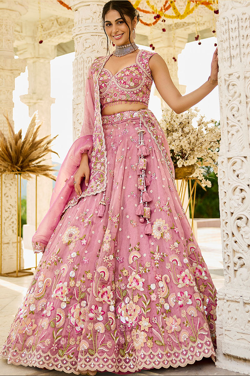 Elegant Pink Floral  Organza Embroidered Lehenga Choli Set RTI