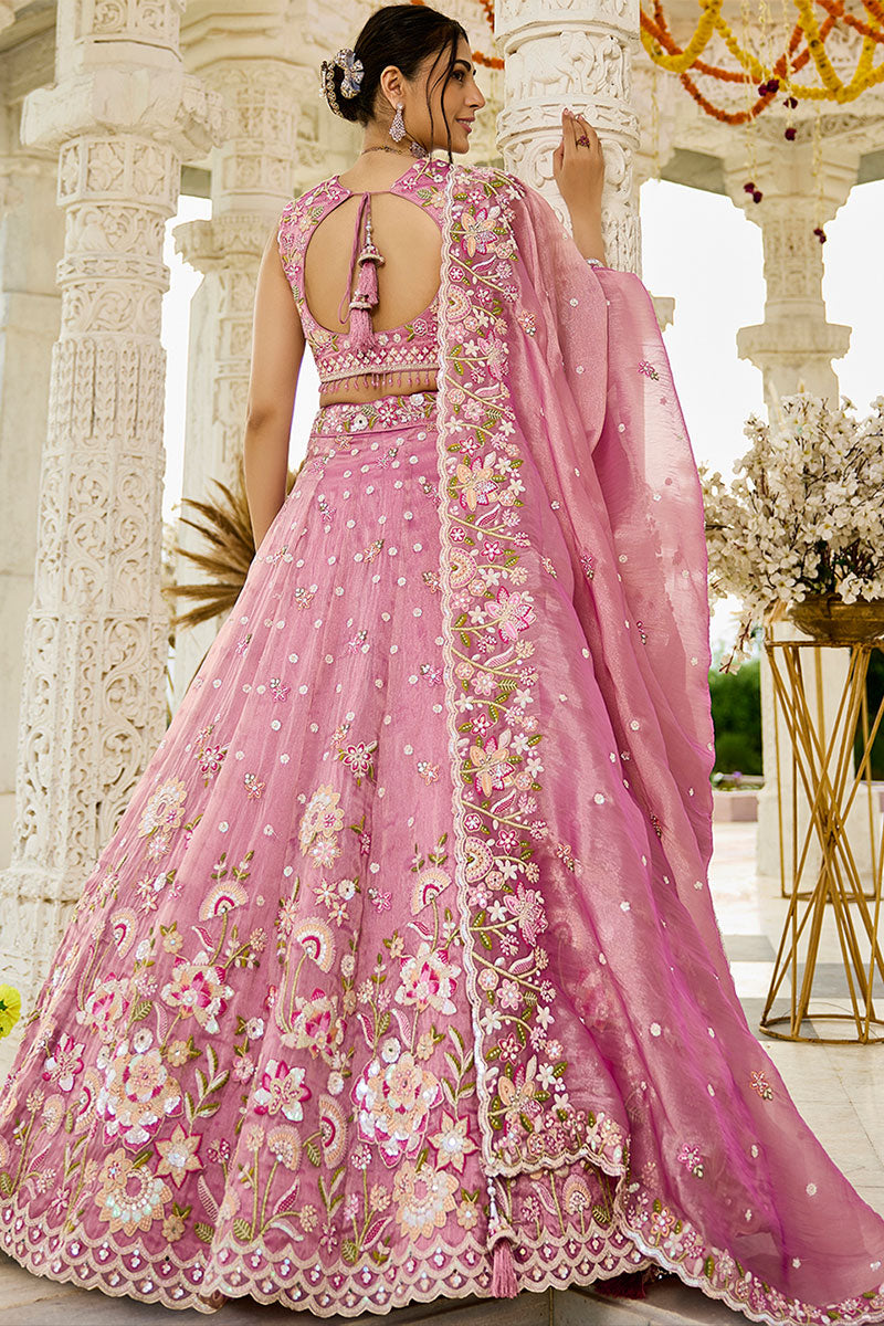 Elegant Pink Floral  Organza Embroidered Lehenga Choli Set RTI