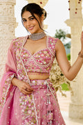 Elegant Pink Floral  Organza Embroidered Lehenga Choli Set RTI
