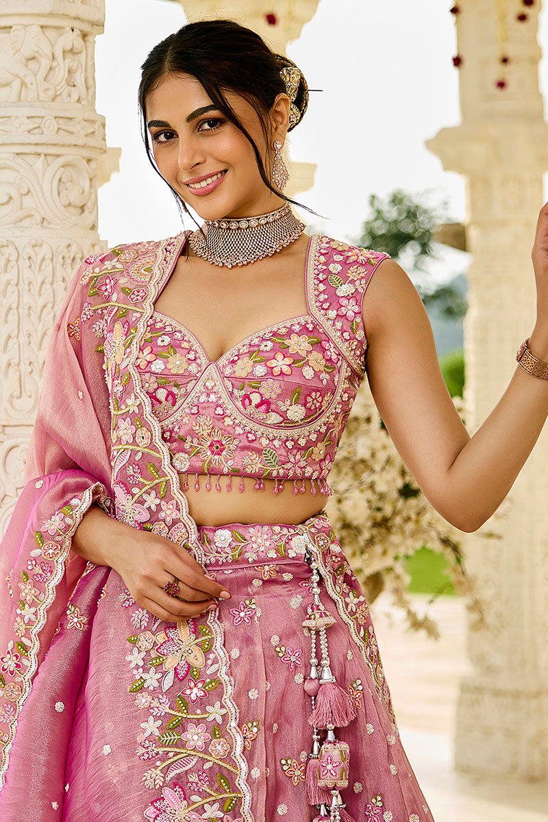 Elegant Pink Floral  Organza Embroidered Lehenga Choli Set RTI