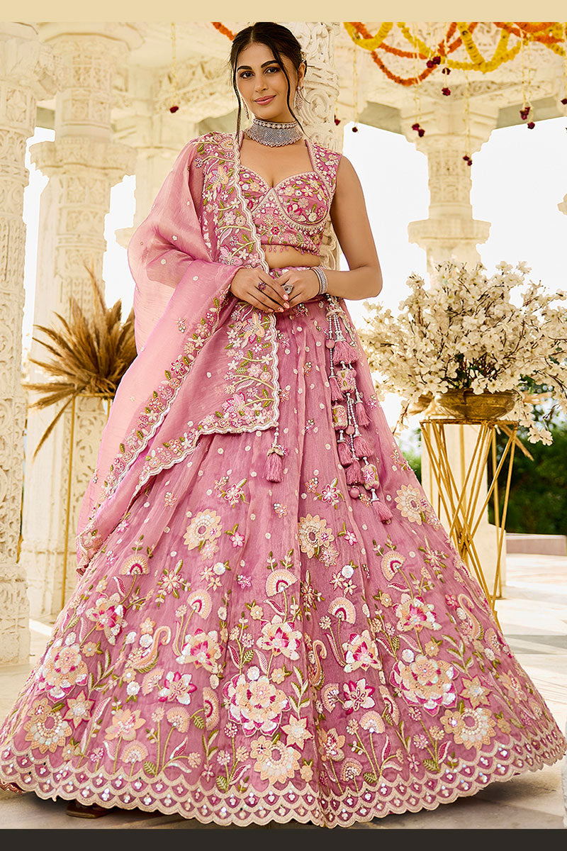Elegant Pink Floral  Organza Embroidered Lehenga Choli Set RTI