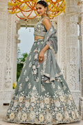 Elegant Grey Floral Embroidered Lehenga Set with Dupatta RTI