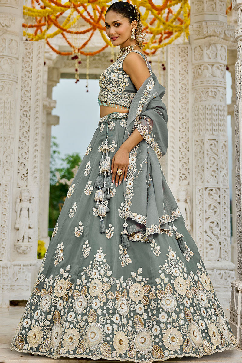 Elegant Grey Floral Embroidered Lehenga Set with Dupatta RTI