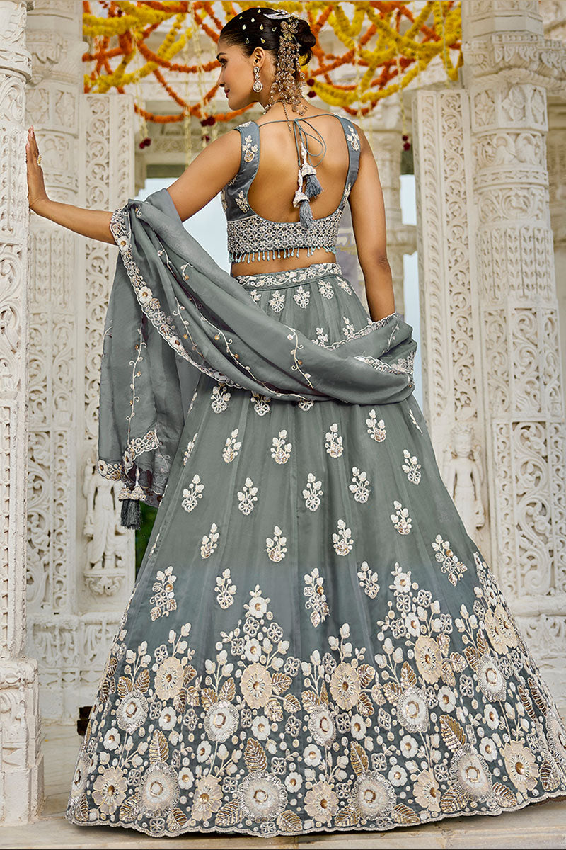 Elegant Grey Floral Embroidered Lehenga Set with Dupatta RTI