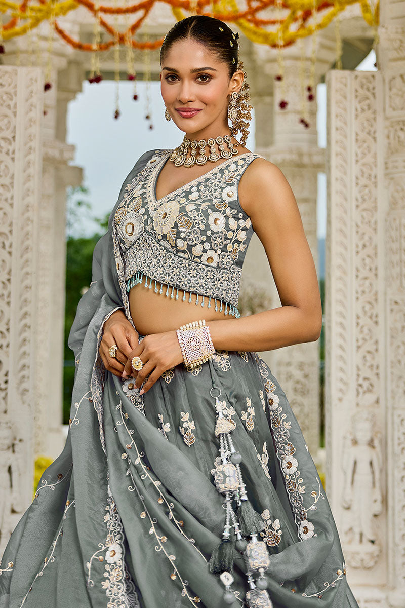 Elegant Grey Floral Embroidered Lehenga Set with Dupatta RTI