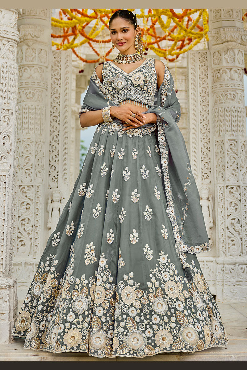 Elegant Grey Floral Embroidered Lehenga Set with Dupatta RTI
