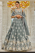 Elegant Grey Floral Embroidered Lehenga Set with Dupatta RTI
