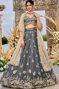Grey Satin Silk Floral Embroidered Lehenga Set with Dupatta RTI