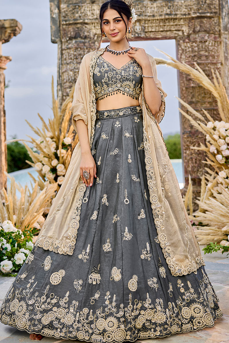 Grey Satin Silk Floral Embroidered Lehenga Set with Dupatta RTI