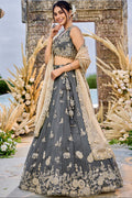 Grey Satin Silk Floral Embroidered Lehenga Set with Dupatta RTI