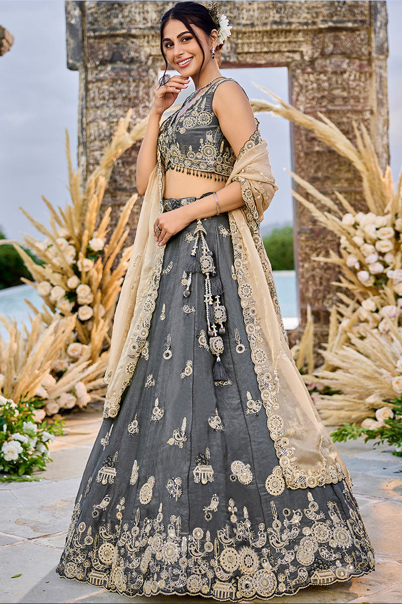 Grey Satin Silk Floral Embroidered Lehenga Set with Dupatta RTI