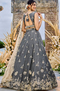 Grey Satin Silk Floral Embroidered Lehenga Set with Dupatta RTI