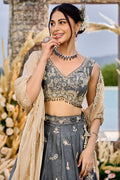 Grey Satin Silk Floral Embroidered Lehenga Set with Dupatta RTI