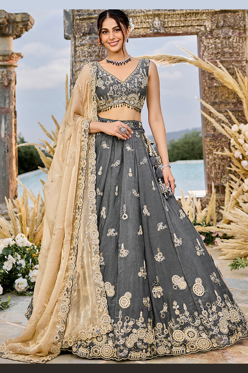 Grey Satin Silk Floral Embroidered Lehenga Set with Dupatta RTI