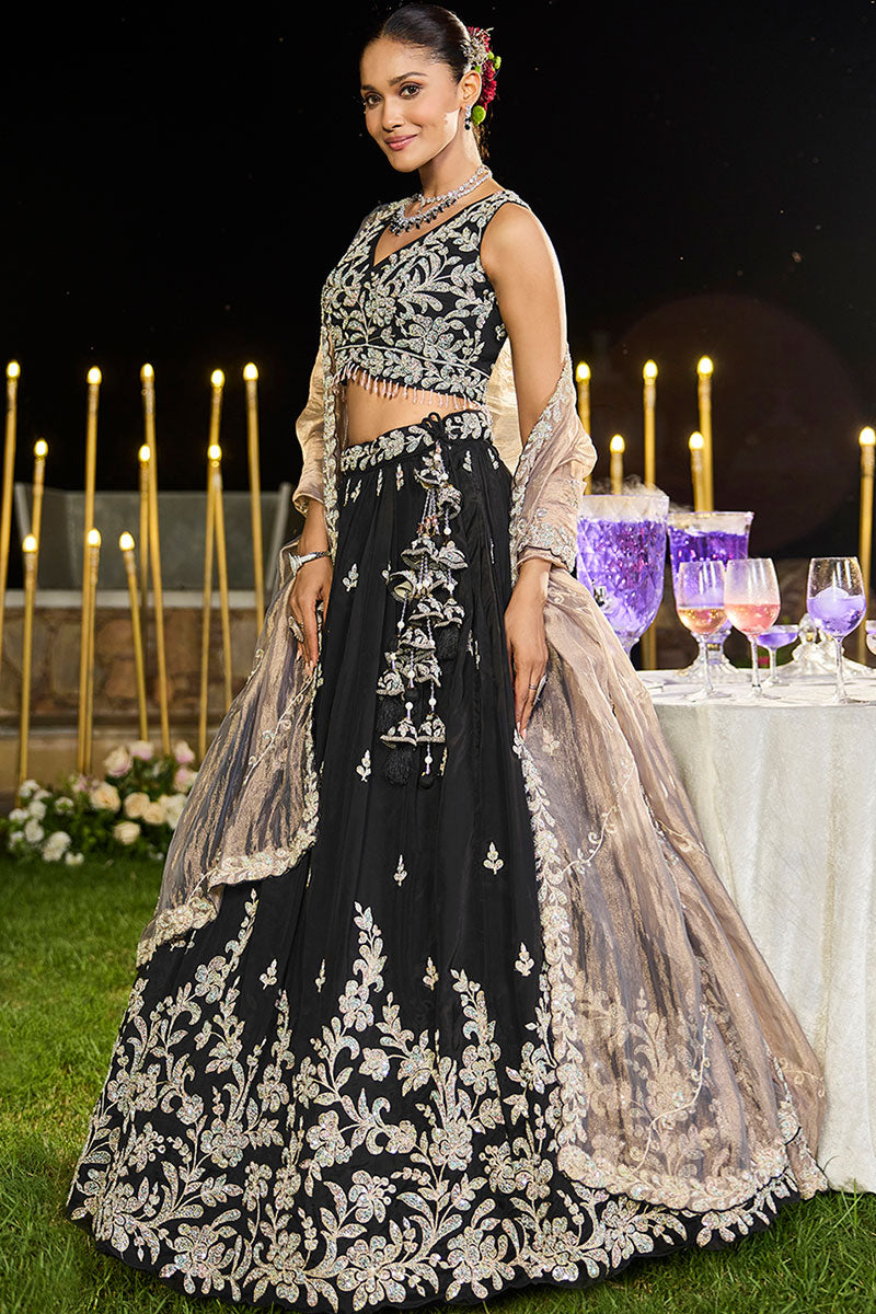 Black Satin Silk Floral Embroidered Lehenga Set with Dupatta RTI
