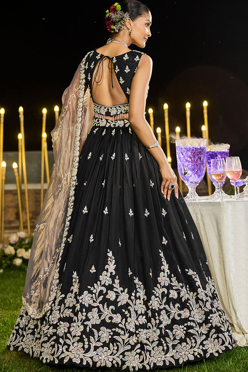 Black Satin Silk Floral Embroidered Lehenga Set with Dupatta RTI